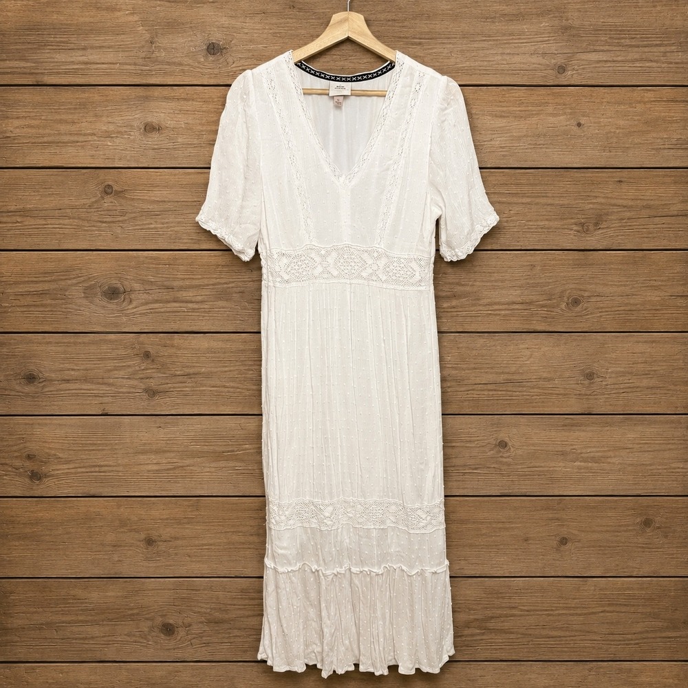 Knox Rose Womens White Swiss Dot Crochet Lace V-Neck Midi Dress Medium Boho